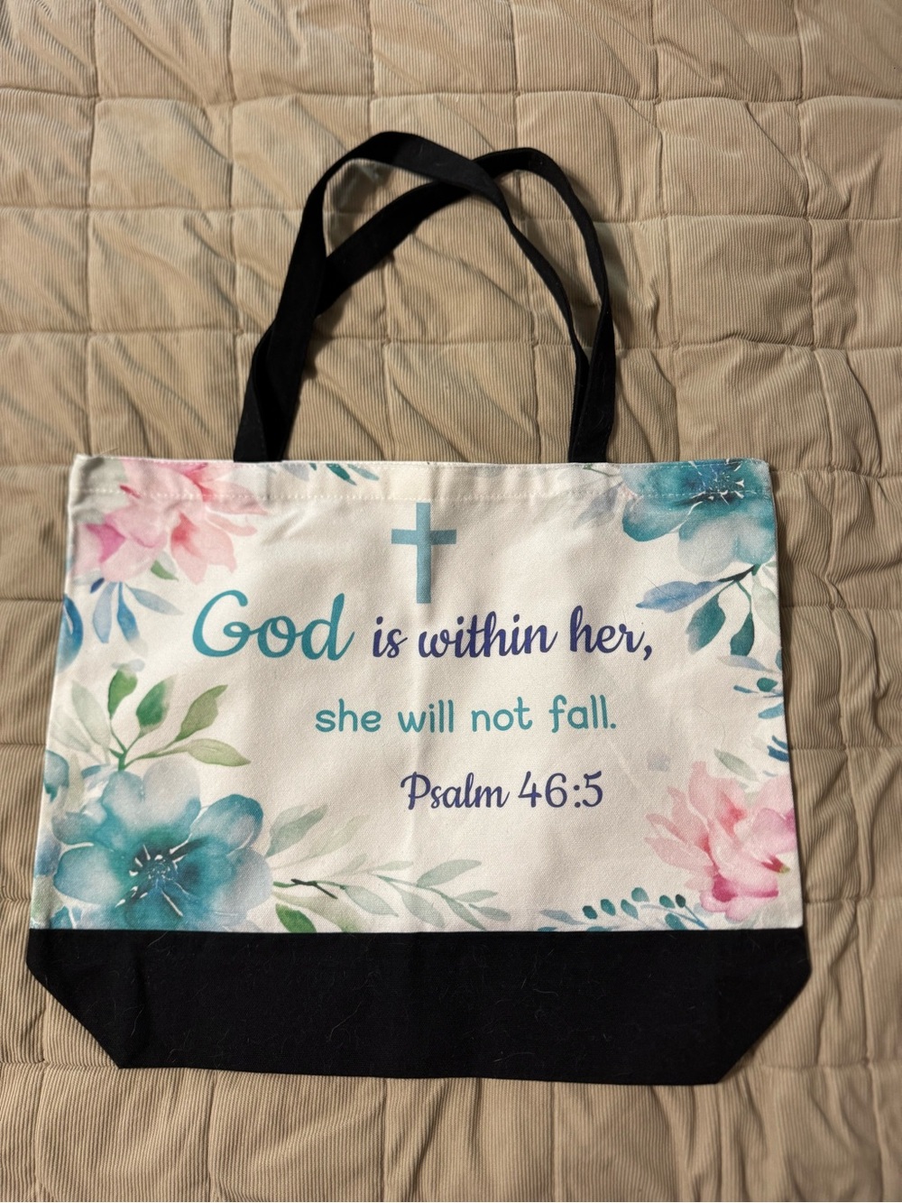 Floral Scripture Canvas Tote Bag - God is Within Her (Teal & Pink)